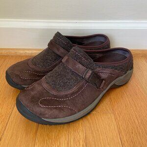 Merrell Suede Sidestep Leather Clogs Mules Adjustable‎ Buckle Brown Shoes Sz 10